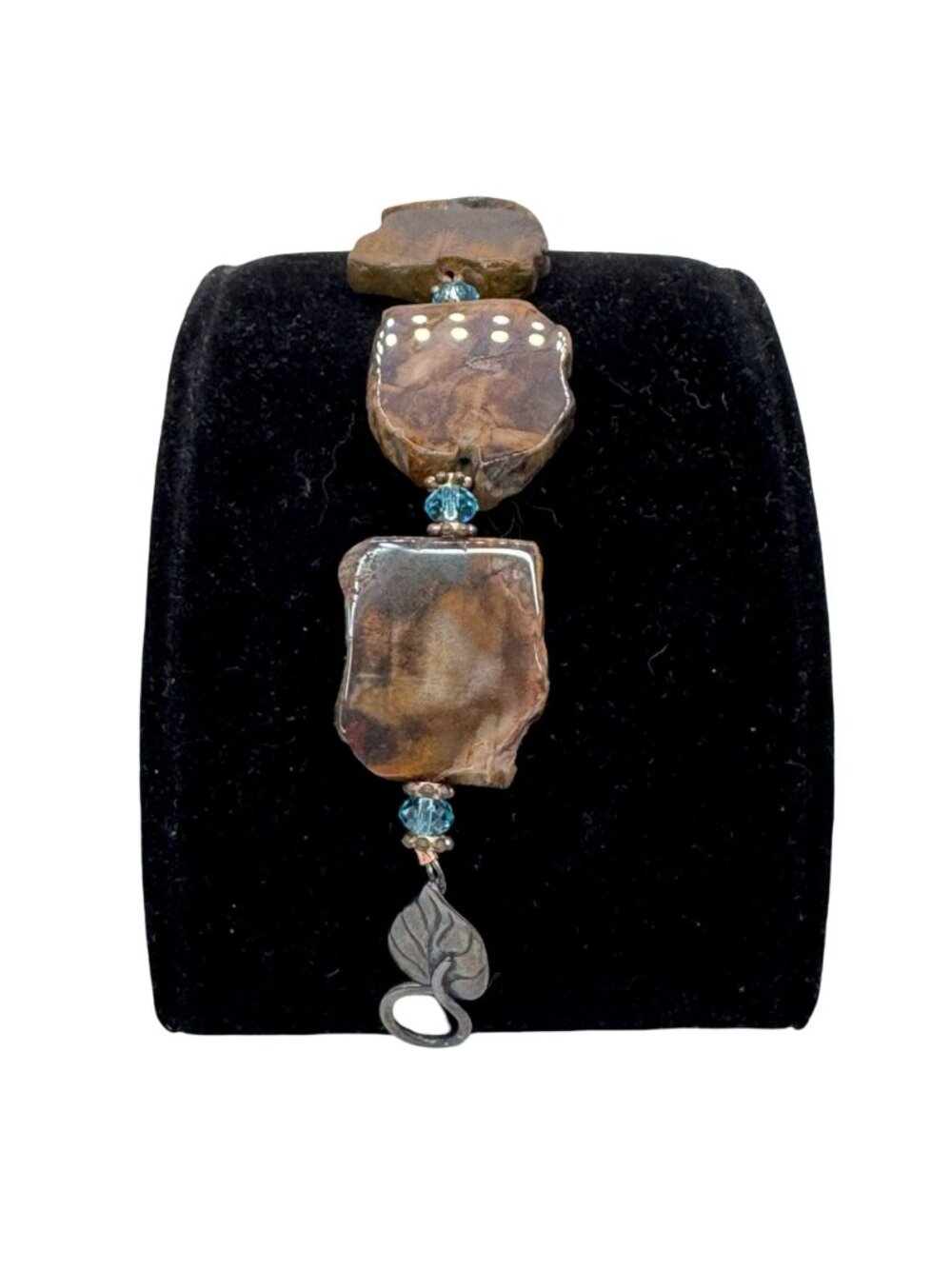 Vtg Petrified Wood Slab Panel Blue Crystal Bracelet Sterling Silver Leaf Clasp - Picture 3 of 11